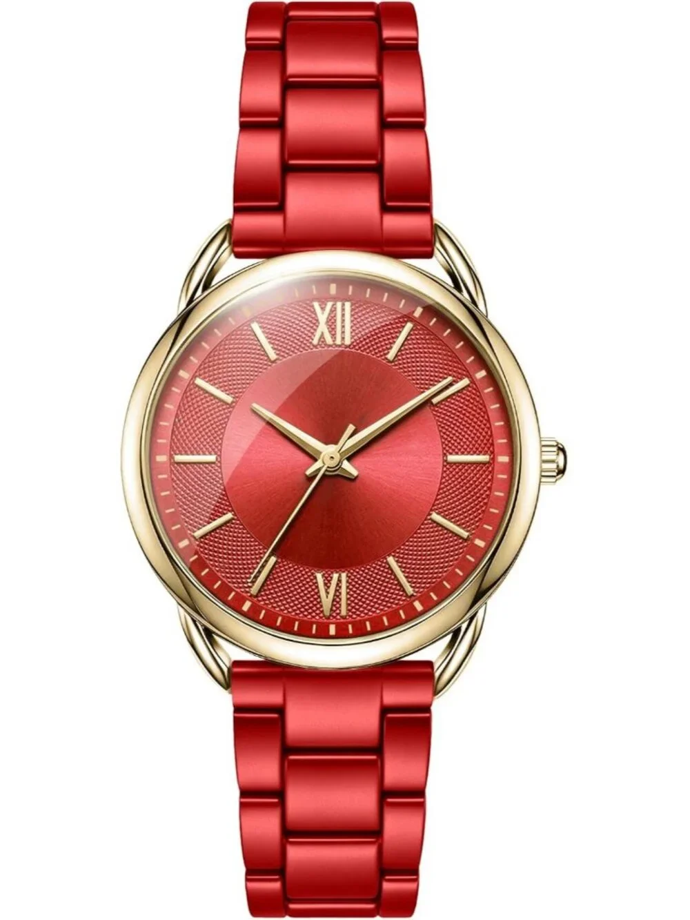 Women's Red Roman Numeral Dial Analog Alloy Steel Strap Quartz Wrist Watches